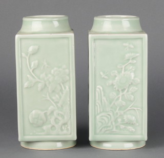A pair of early 20th Century Celadon square shaped vases, moulded decoration with flowers, bearing a 6 character mark 9" 