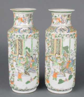A pair of Chinese famille verte cylindrical vases decorated with figures in pavilion settings with panels of flowers and vases 10" 