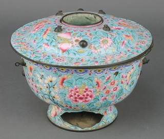 A 19th/20th Century Cantonese enamelled hanging censer and cover, the turquoise ground decorated with peaches and scrolling flowers and having metal mounts 7 3/4" 
