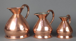 A Benham copper 1 pint harvest measure, the base with orb marked R, some dents, together with 2 other copper harvest measures - 1 quart and half a gallon 