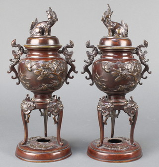 A pair of Meiji period Japanese bronze censers and covers with Shi-Shi finials, decorated with birds 10" 