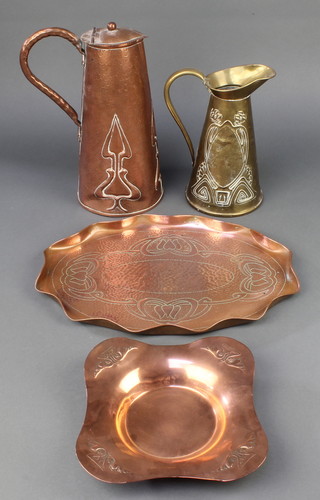 A Newlyn style planished copper jug of waisted cylindrical form 11", a Beldray embossed brass jug 9" and 2 other copper dishes 