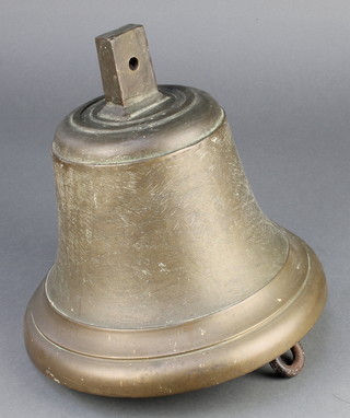 A brass hanging bell with iron clapper 10 1/2" x 10 1/2" diam. 