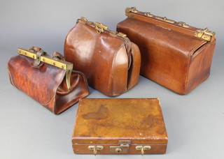 A brown leather Gladstone bag 9" x 15"w x 7 1/2"d (no handle), 1 other 9" x 12" x 6" (no handle), a handbag with gilt mounts 7"h x 11 1/2"w x 6 1/2"d (repaired), a rectangular brown leather jewellery box with hinged lid 2 1/2" x 10" x 7" (missing handle and scuffed) 