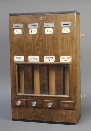 An Allied Chemicals Co ltd wooden wall mounting vending machine for Aspirin Tablets, Allied Chemical Co Dr MacLean's Stomach Powder Pills, Chlorophyll Tablets and Adhesive Dressing First Aid  20"h x 12"w x 5"d