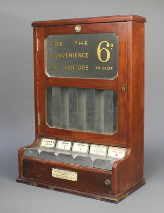 An Allied Chemicals Co Ltd mahogany mirrored glass and chrome wall mounting pill vending machine with glass panel marked "For the convenience of our visitors, 6d in slot", the base fitted 5 chrome slots marked Ladder Stop, Aspirin Tablets x 2, Allied Chemical Co's Dr MacLean's Stomach Powder Tablets and Adhesive Dressings First Aid 19"h x 13"w x 7"d  (no key)