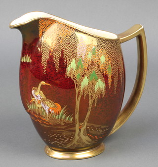 A Carlton Ware Rouge Royale jug decorated with heron beneath wisteria 7" 