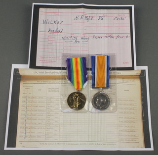 A pair British War medal and Victory medal to 50165 Pte. Herbert Wilkes, together with a photocopy of medal index card and UK Service award roll (joined Kings Royal Rifle Corps, then posted to the 12th Battalion London Rifles) 