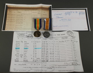 A pair British War medal and Victory medal to R-18774 Pte. Thomas Crane Kings Royal Rifle Corps together with a photocopy of invalid wound badge roll, index card and UK Service roll (Thomas Crane served with the 7th Battalion The King's Royal Rifle Corps, 13th Battalion The Rifle Brigade and was wounded during the 2nd battle of The Somme) 