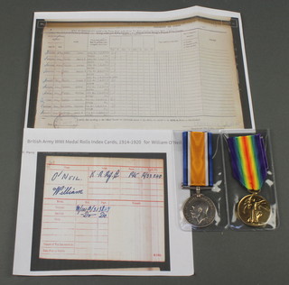 A pair British War medal and Victory medal to R-32240 Pte. William O'Neil.  King's Royal Rifle Corps together with photocopy of medal roll index card and UK Service medal roll 1914-1920 (Pte. William O'Neil served with 17th Battalion and The King's Royal Rifle Brigade, British Empire League)  

