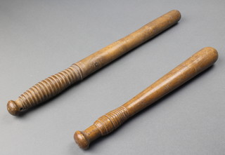 2 18th/19th Century turned wooden police truncheons 13" and 18" 