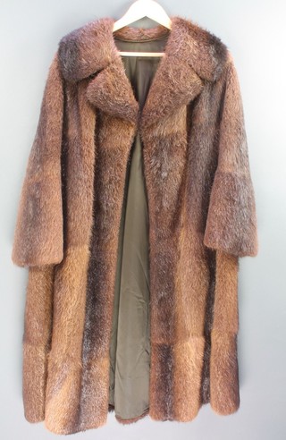 A lady's brown full length fur coat together with 2 simulated grey fur coats