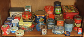 A large St George's jam tin, a rectangular Ovaltine rusk tin, a Russian Caviar tin, a Carwardine's custard powder tin and various other tins