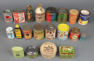 A Charter tin of sealer, a tin of Dic-a-doo paint shampoo, a Lyle's Golden Syrup tin, a tin of pet milk and other various tins 
