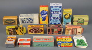 A Meadow Gold Bag Tea tin, a shop display packet of Tiger Tea, a Bean's flaked rice carton, ditto cornflour, dessicated coconut and other various cartons
