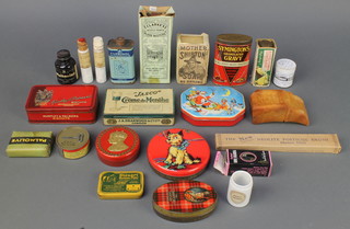 A rectangular Huntley & Palmer biscuit tin, a tin of Old Town Hermetic secretarial typewriter ribbon, a Symington's granulated gravy and other tins and items of packaging