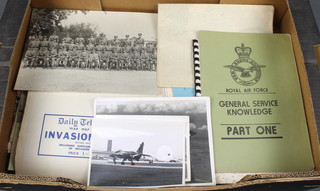 A Daily Telegraph World Map, a Daily Telegraph wall map no.5 (revised edition), ditto 1946 no.6 Russian Front, ditto War Map no.9 Invasion, a programme for the 1953 Coronation Review of the Royal Air Force, a programme for the Presentation of Colours and Number One School of Technical Training RAF, a photograph of RAF hawks, black and white photograph of an under carriage, 2 black and white photographs of RAF jets, 3 of 1960's airliners, etc 