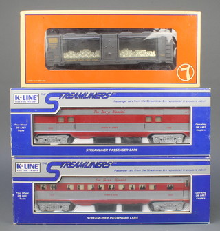 A Lionel O gauge no 6019660 car together with 2 K-Line Stream Liners passenger carriages, all boxed 
