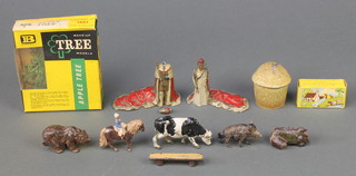 A Britains no.1801 plastic apple tree, 5 Britains Lilliput figure cows figures (1f) and other figures etc 