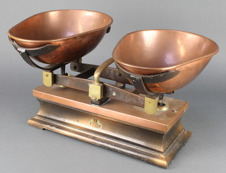E F Bental & Co., a large pair of copper and brass scales with copper pans 