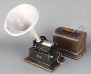 A Thomas Edison Gem phonograph, serial no. 269586 complete with horn and 5 Edison Ecko all round cylinders, an Edison moulded record cylinder, 30 Edison bell cylinders, 4 Colombia cylinders, 5 London Popular Record cylinders, 3 Sterling cylinders and 7 Pathe record cylinders 