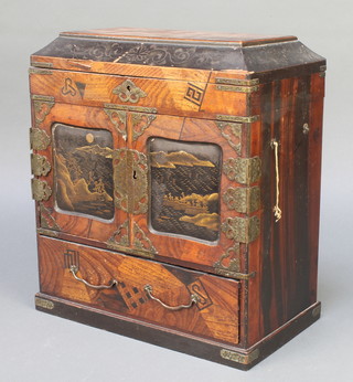 A Chinese lacquered cabinet with hinged lid revealing a fitted interior, having 2 doors to the front revealing a bank of 6 drawers, the base fitted 1 long drawer 38"h x 11 1/2" x 7"  