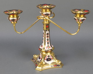 A Crown Derby Old Imari pattern 3 light candlestick with gilt metal mounts 1128 SGB 11", boxed 