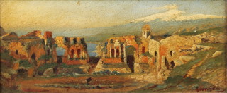 Giov. Giting, oil on board, signed, Continental landscape with ruined buildings 5 1/4" x 12 1/2" 