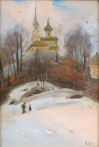 Early 20th Century oil on board, monogrammed, a Russian winter scene with figures before a church, indistinctly signed 10" x 7" 