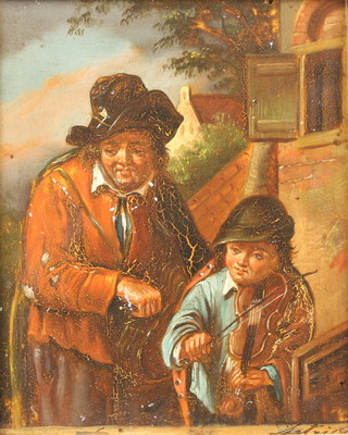 19th Century oil on copper, indistinctly signed, a study of a boy and man before a house 7 1/2" x 6" 