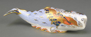 A Royal Crown Derby Imari pattern Oceanic Whale paperweight with gold stopper 9" 