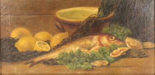 Early 20th Century, oils on canvas,a pair, unsigned, still life studies of fruits and fish with oysters and lemons 11 1/4" x 23 1/4" 