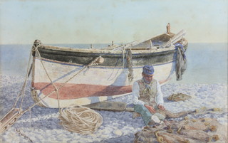 Early 20th Century watercolour, indistinctly signed, study of a Greek Fisherman sitting before his boat 11" x 17" 