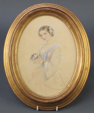 Victorian watercolour, unsigned, oval, study of a young lady holding a posy of flowers 9" x 7" 