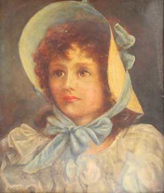 M A Clay, oil on canvas, signed, study of a young girl wearing a bonnet 13" x 11 1/2" 