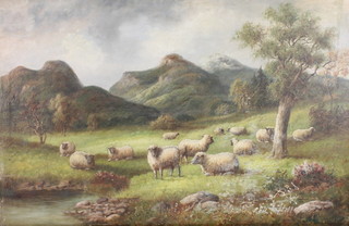 M Goodman, oil on canvas, signed, study of sheep in a mountainous landscape 18 1/2" x 29" 