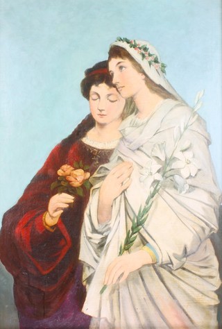 19th Century oil on canvas, unsigned, study of 2 ladies holding flowers 26" x 17 1/2"