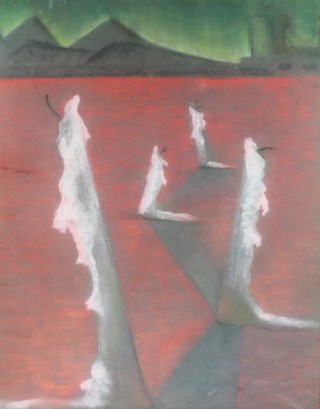 20th Century pastel and chalk, unsigned, abstract landscape with figures 24" x 19" 