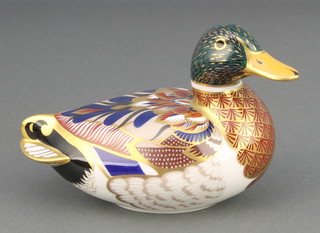 A Royal Crown Derby Imari pattern duck paperweight with gold stopper 5 1/2" 