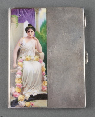An Edwardian silver and enamelled cigarette case the cover with a view of a seated classical lady with a garland of flowers with inscription on the reverse 3" x 2 1/2" 