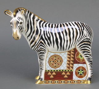 A Royal Crown Derby Imari pattern zebra paperweight with gold stopper 7" 