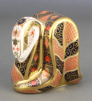 A Royal Crown Derby Imari pattern python paperweight with gold stopper 3 1/2" 