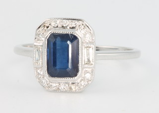 An 18ct white gold Art Deco style sapphire and diamond ring, size N 