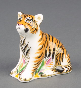 A Royal Crown Derby Imari pattern Sumatran tiger cub paperweight with gold stopper 3" 