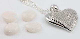 A silver and paste heart shaped pendant and chain and 4 loose polished cabochon opals 