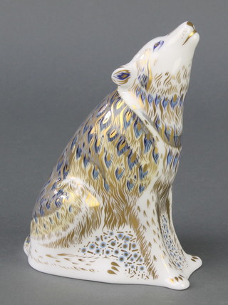 A Royal Crown Derby Imari pattern wolf paperweight with gold stopper 6" 