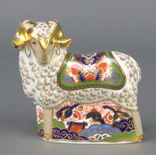 A Royal Crown Derby Imari pattern ram paperweight with gold stopper 4" 