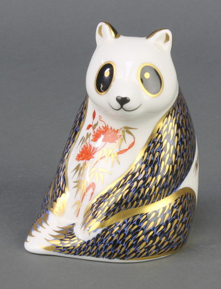 A Royal Crown Derby Imari pattern seated panda bear paperweight with gold stopper 3" 
