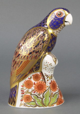 A Royal Crown Derby Imari pattern bronze winged parrot paperweight with gold stopper 6" 