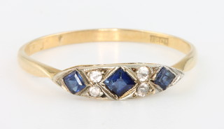 An 18ct yellow gold sapphire and diamond ring, size W, 2 grams